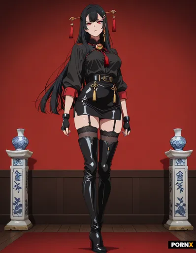 Full-body anime-style illustration of a confident femme fatale standing in a three-quarter pose