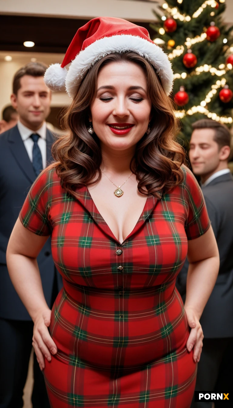 masterpiece, best quality, highres, absurdres, bust-up_view,1girl, multiple_males,busty_short_stack_mom,mature,beautiful face,pale skin,brunette_hair,wavy hair,chubby arms,chubby wrists,huge boobs,wide hips,thick thighs,red plaid dress,collared dress,short sleeves,Santa hat,Christmas tree,string lights,office Christmas party,lipstick, open_mouth, closed_eyes, shy_smile, standing,hands on hips ,detailed shading,warm_lighting,crowd of fit _men in suits,