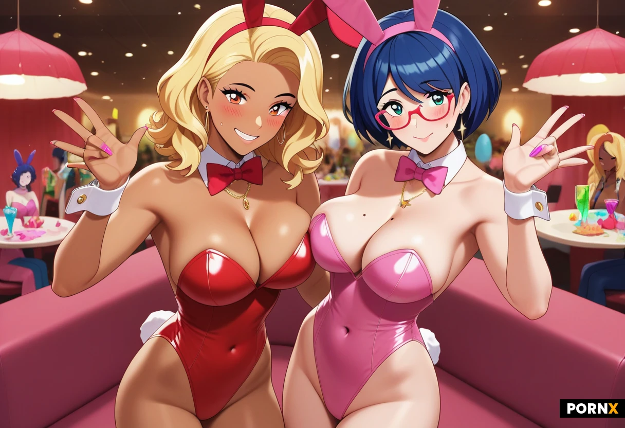 cute gyaru girls, brown skin, rendered in ultra-detailed eyes, clear-rimmed glasses, jewelry, medium hair, big and soft breasts, slender thighs, slim body, embarrassed face, happy face, lovely look at you, incredible decollete, (sexy pink bunny suit1.4). (scene is erotic posing in party, party room with people in background, full pose view, night light). rendered in ultra-detailed, high-resolution anime style with crisp linework.