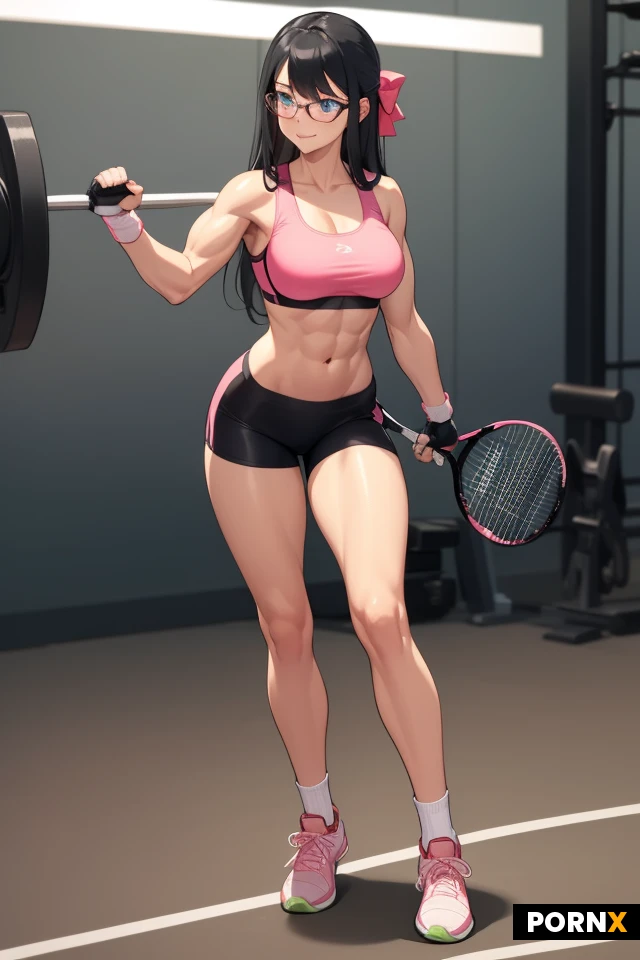 female, height: 175 cm, age: early 20's, long hair, black hair, shiny hair, bangs, blue eyes, pink lips, eyeglasses, reddish-pink hairbow, broad shoulder, medium breasts, slim waistline, long legs, athletic, toned, fit, slightly muscular, slightly tanned, light pink sports bra, dark grey bike shorts, calf length socks, tennis shoes, fingerless gloves, weightlifting gloves, double biceps flexing, arms spread out, powerful posing, strong stance, determined face, slight smile, high-tech gym,