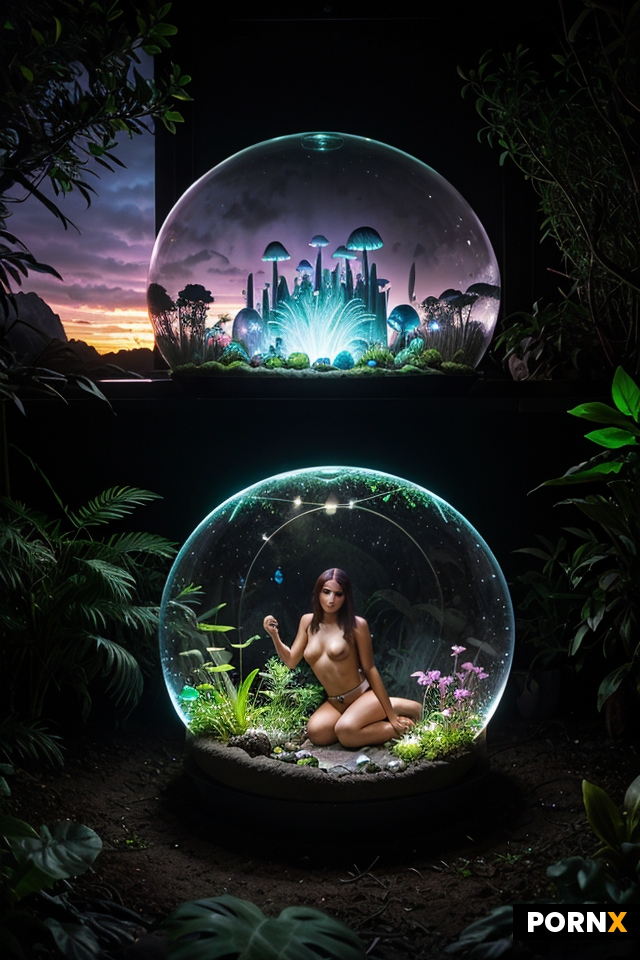 scene_description: A gorgeous woman emerges from a round glass structure that appears to be a large 