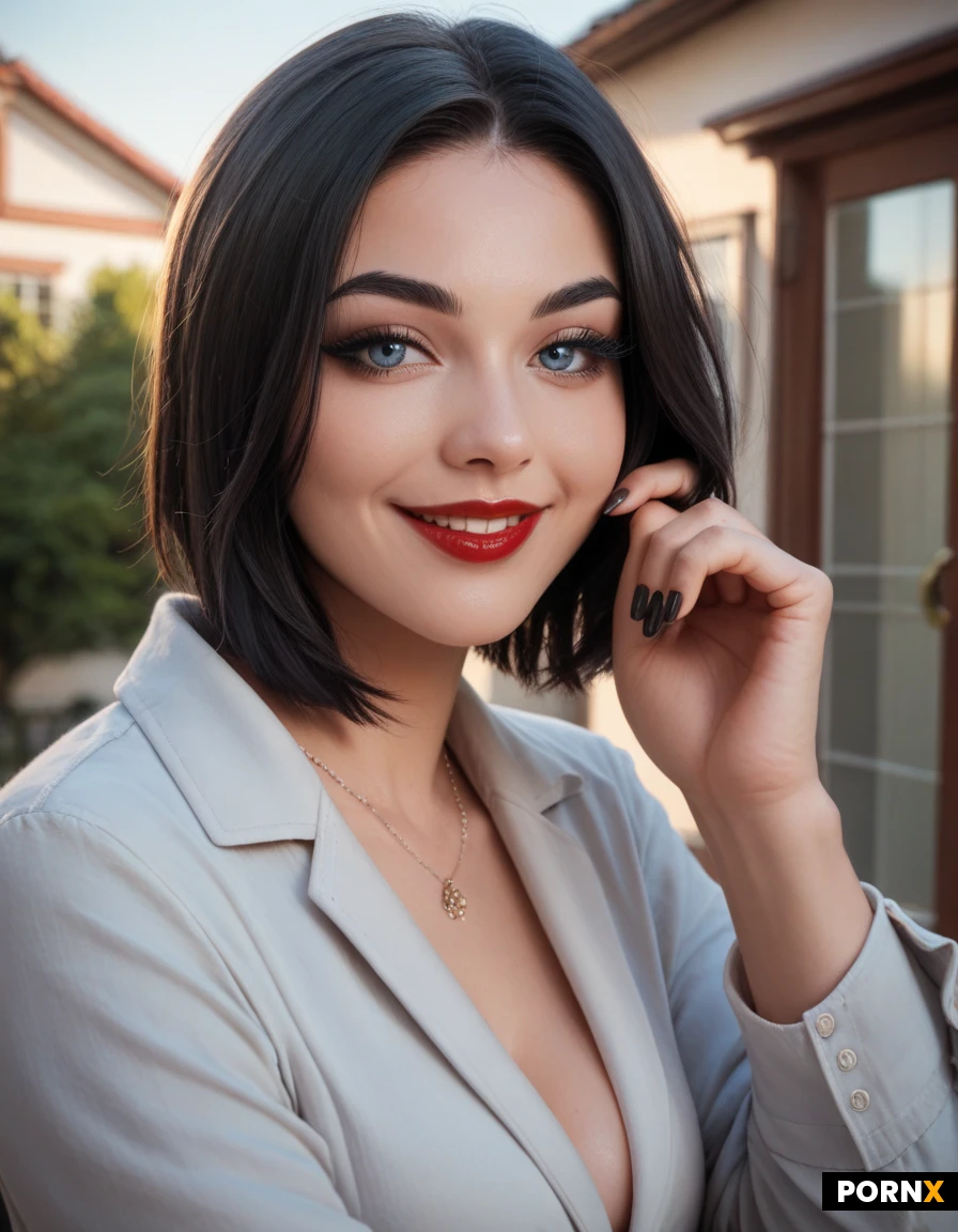 porcelain skin, thin, red lipstick, sharp face, Raven-black hair, bangs, thick lashes, black Fingernails, blue eyes, thin lips, realtor, business casual, entry way, house, smile,