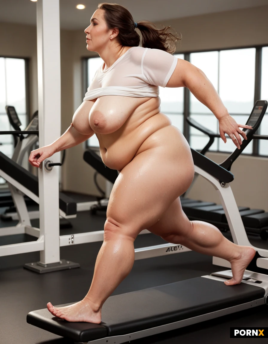 Bbw, fat woman, running, profile, on treadmill, hands holding treadmill, wet, white t-shirt, white pantie, fat arms, saggy breasts, saggy belly, fat legs, very tired, sweating profusely, fat legs, naked foot, Wet, full body,