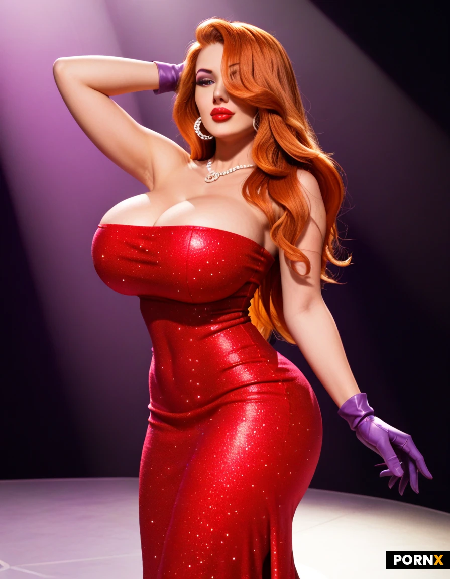masterpiece, best quality, highres, 1girl, solo, red_hair, long_hair, hair_over_one_eye, purple_eyeshadow, plump_lips, makeup, huge_breasts, busty, red_dress, sparkly_dress, tube_top, purple_gloves, dancing, striptease, seductive_pose, jazz_singer, stage, retro_night_club, spotlight. Long purple satin gloves (Large breasts: 3.0) red glittery dress. Long red hair that covers one eye. Tube top. Red dress. Tight tube top (long hair: 2.5) bimbo babe. Vintage microphone. Hair over one eye. Sparkly red dress. Long purple gloves. Elegant. Seductive. Bimbo babe. Balloon tits. Breasts that defy gravity. Hair over one eye. Ginger hair. Long purple gloves. Green eyes. Purple eye shadow. Tube top. Pinup bombshell. Extreme cleavage. Diva. Hentai style. Spotlight. Shining light from behind. Long purple gloves. Tight tube dress. Redhead. Ginger hair. Long purple gloves. One arm raised dramatically.