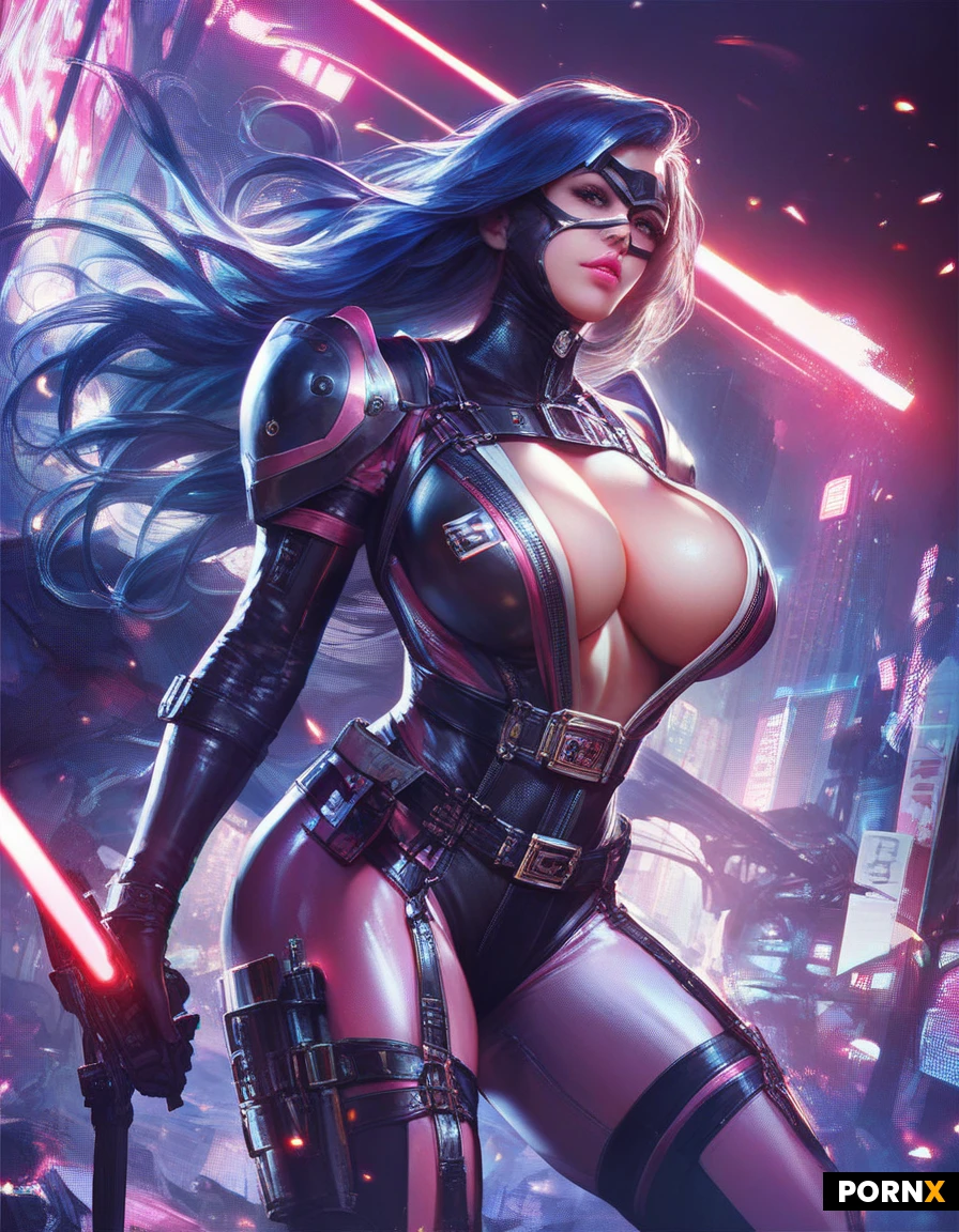 high definition, cinematic light, japanese sentai heroine, curved body, big breast, long hair, pink lip, tight battlesuit, eye mask, straps, belts, laser projector, background, city, detailed face, detailed eyes,