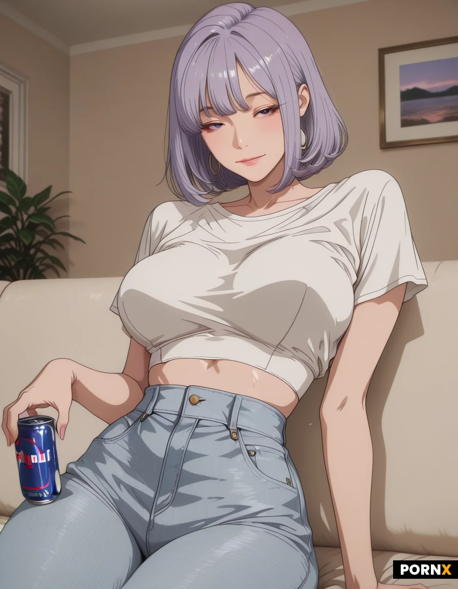 An 18-year-old adult woman with sexy clothes purple hair, sitting casually on a sofa at home and drinking a can of Red Bull. She is wearing a stylish cropped casual top with high-waisted jeans. Cozy modern living room, simple uncluttered background, relaxed natural expression, soft indoor lighting, realistic photography, cinematic composition, high detail, 4K quality, no text, no logos, no sexualized posing. And with breast size 106