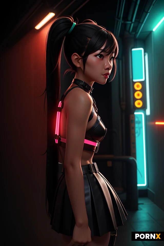 Woman, Asian, angled view, Portrait View, dark hair, pigtails hair, neon lights, cyberpunk, alley, fit Body, small breasts, (naked), perfect face, very short pleated leather skirt, chest harness,