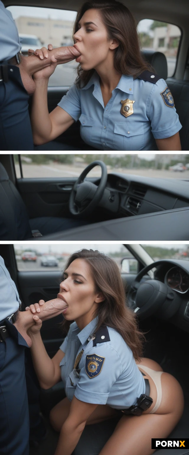 blowjob,, big ass, busty, brown hair, tan lines, wide hips, no pubic hair, toned, medium natural tits, cute face, hourglass shape, behind dumpster at macdonalds, police car,, blowjob, sex
