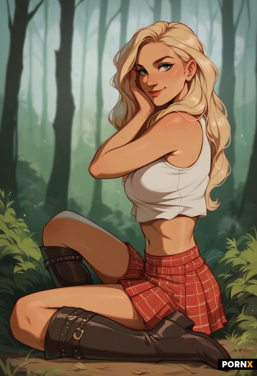 NSFW Masterpiece,Score_9,score_8_up,score_7_up,(best quality:1.1),ultra-detailed,high resolution,super detailed skin,nsfw,Highly Visible,8k,sharp focus,beautiful,perfect lighting,smooth edges,realistic, 2D digital art, BREAK,Beautiful woman,swedish face,age 25, pale with subtle bikini lines, (blonde hair:1.5),blu eyes, natural medium breasts,seductive face,(peasant top, short skirt, brown knee high boots:1.8), ( sunny, summer, forest:1.6), ( strip tease:1.7), seductive pout, playful