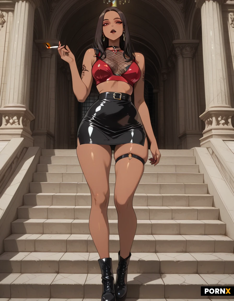 Youthful Adult Cute African Woman, Brunette hair in dreadlocks, full lips, deep ebony complexion, dark makeup, athletic physique, small waist, wide hips, thick toned thighs, leather red bra Top, tight red leather miniskirt, black leather ankle boots, large eye of horus symbol tattooed on both her thighs, woman standing seductively holding a lit cigarette, on steps of Sacré-Cœur Basilica in Paris, front view, full body portrait, extremely well detailed,