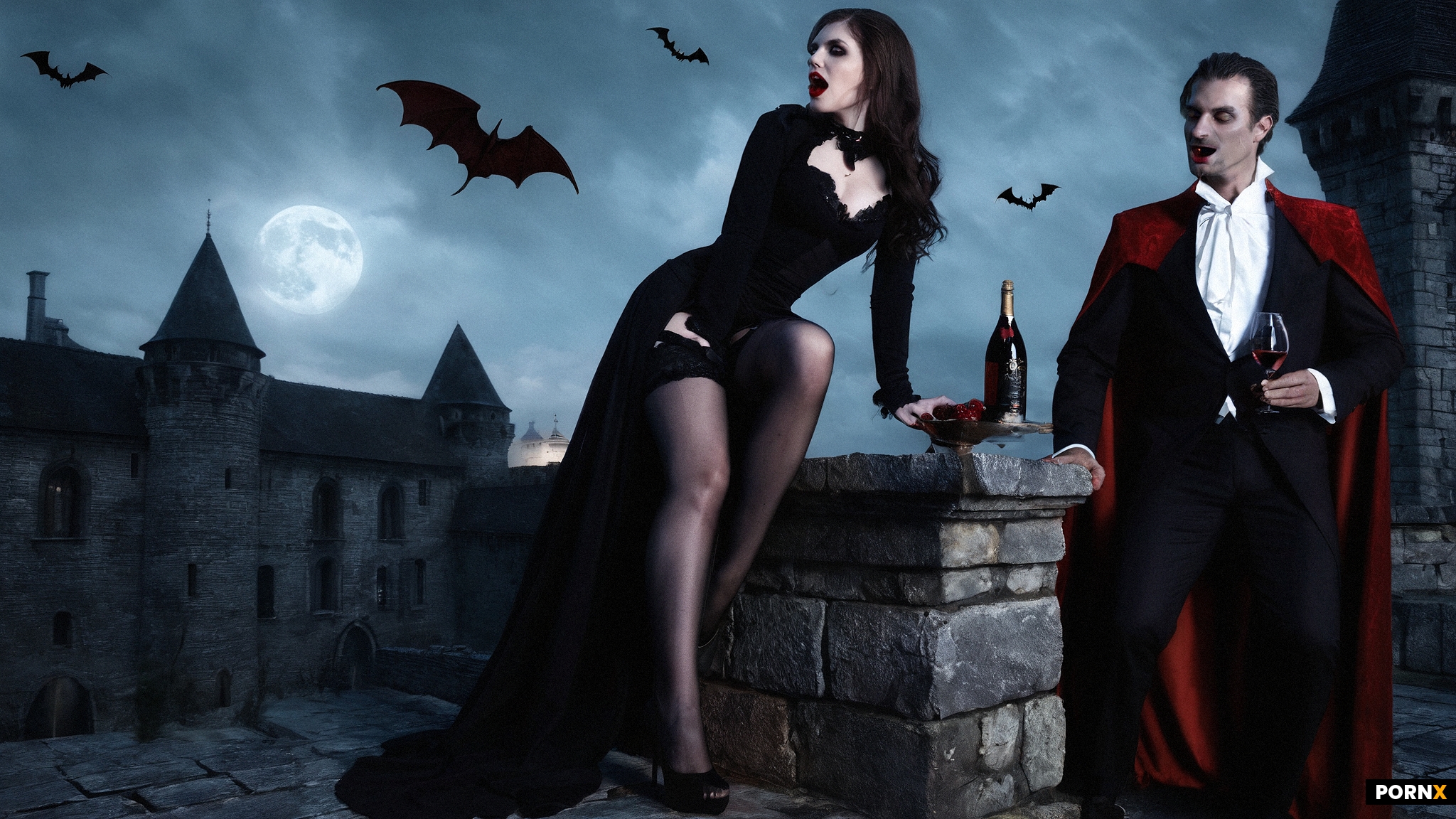 A brunette vampiress with medium breasts and long elegant legs drinks a dark red liquid from her win