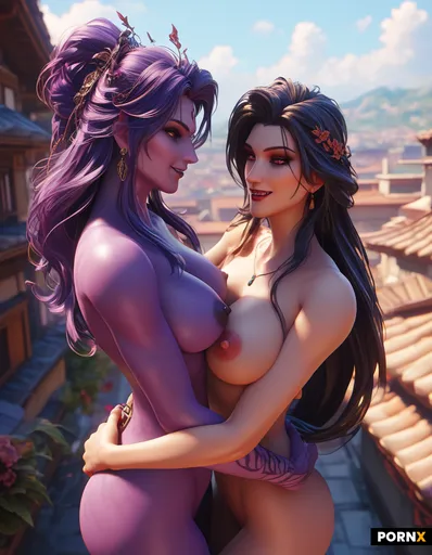 Two People Naked Bimbos Huge Tits Dark Nipples Long Hair Stright Hair Skinny on Roof Overlooking Cit