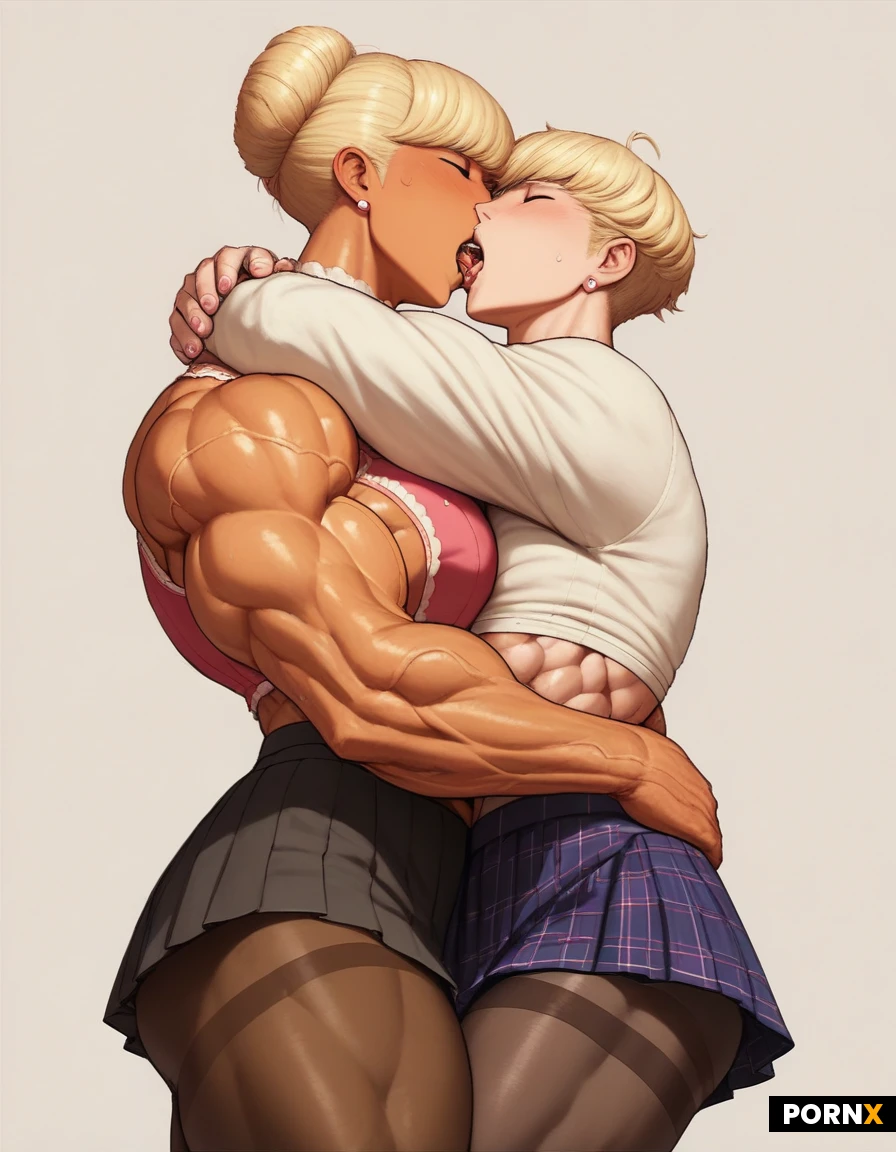 Goddess glamour. Androgynous. Skirt. Buff. Bulging veins. Bangs hair. (Muscle :1.7). Thick. Longsleeve top. French kiss. Tan skin. Thighs. Pantyhose stockings. Two lesbian friends. Hug