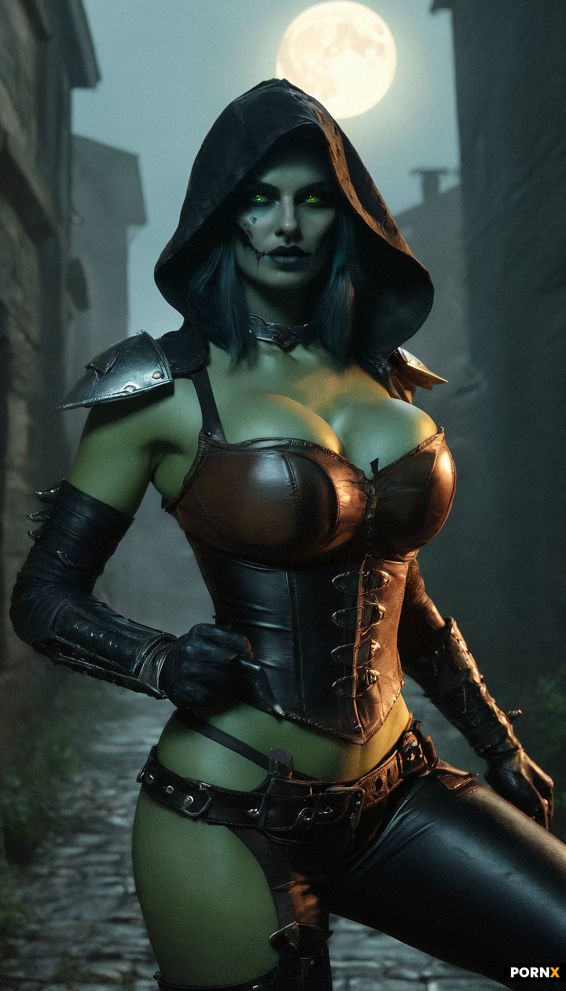 A sultry (slim and busty:2) undead female rogue, slender yet curvaceous with a bust that strains against her tight black leather corset, her pale gray-blue-green decay-tinted skin glistening under moonlight, golden eyes burning fiercely from behind a tattered bandana that hides most of her face while a ragged strand of dark hair escapes over her shoulder. She stands in a twisted, moon-lit cobblestone alley, one hand gripping a dagger poised for a lethal strike, the other resting rovocatively on her hip as she arches her back to accentuate her exaggerated hips and thrust her ample breasts forward. Her outfit is a form-fitting black leather bodysuit adorned with buckles and straps, a flowing sable cape with a sweeping hood that flutters in the night breeze, exposing a scarred shoulder blade and the unsettling gleam of undead flesh. Shot from a low angle with a shallow depth of field, soft rim lighting from the full moon outlines her silhouette, casting deep shadows that highlight the rippling muscles and eerie glow, rendered in hyper-realistic digital painting style with cinematic grain and vivid contrast. (bimbo:1.5)(hidden mouth:1)