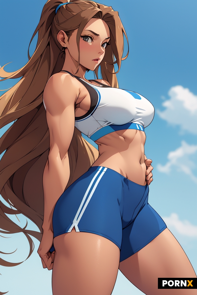 Busty woman with long straight blonde brown hair and small breasts with big ass wearing blue sports 