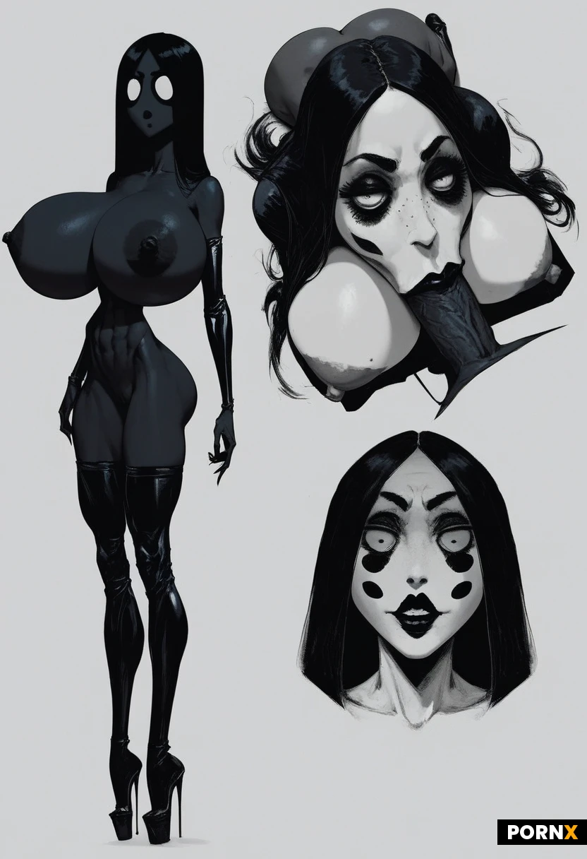 bimbo,Pale skin,White skin,(gigantic breasts:1.2),seductive smirk,Black hair,Bangs,Bobcut,,,(waist: 1.5),pussy,,abs,bleach,big eyes,,makeup,award winning photo,slim legs,skinny ass,(slim legs),freckles,,black lipstick.(mime:1.5),,(latex thigh highs),(thick eyebrows),front and back,,nipple,areola,sadako,(hime cut hair),topless,(slim:1.5),(long face:1.5),(black skin:1.5), (office suit), (big nipples),, (deepthroat:1.5)
