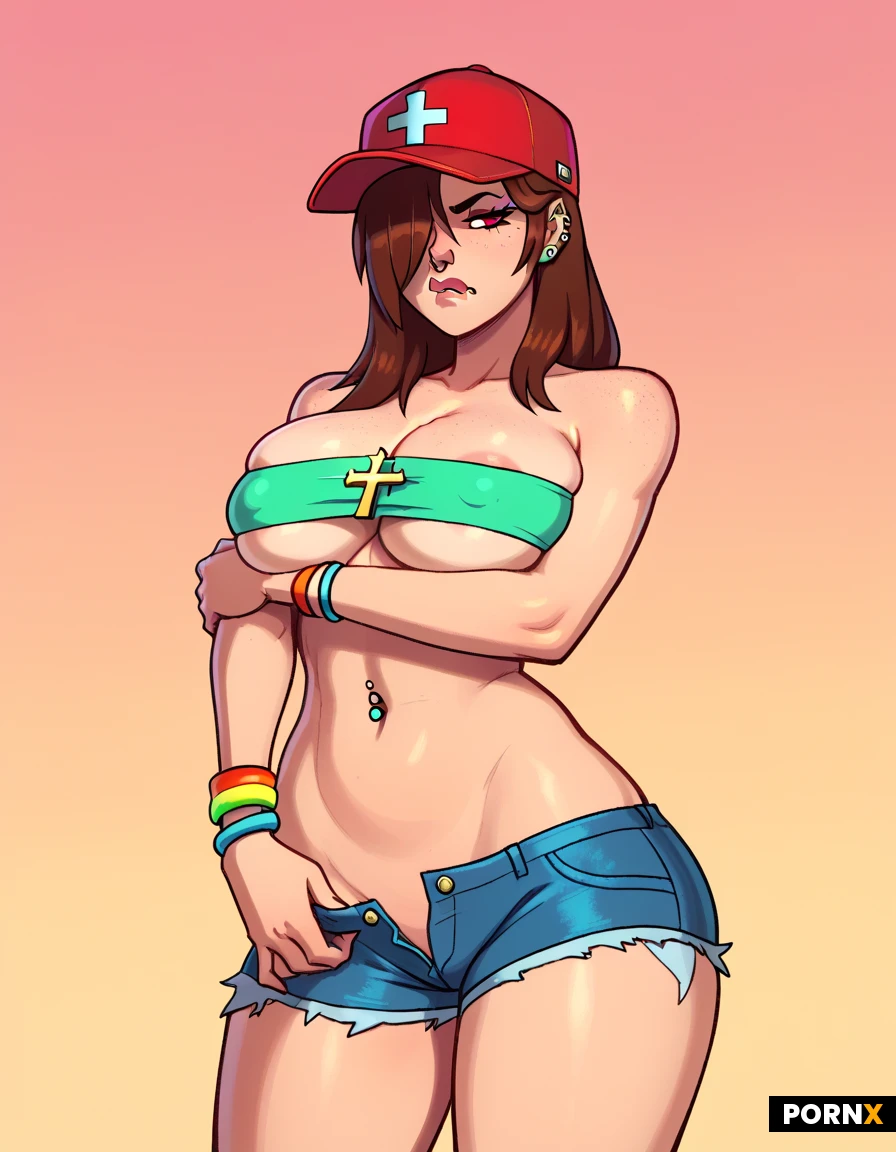female, slim body, avarge boobs, long straight brown hair, hair covering one eye, red baseball cap, red eyes, makeup, eyelashes, nose piercing, freckles, bored face, neon green tube top, tits peak out, nipples visible, cleavage, underboob, belly out, navel piercing, denim shorts, denim shorts down, colorful bracelets, crosses arms and queez her boobs