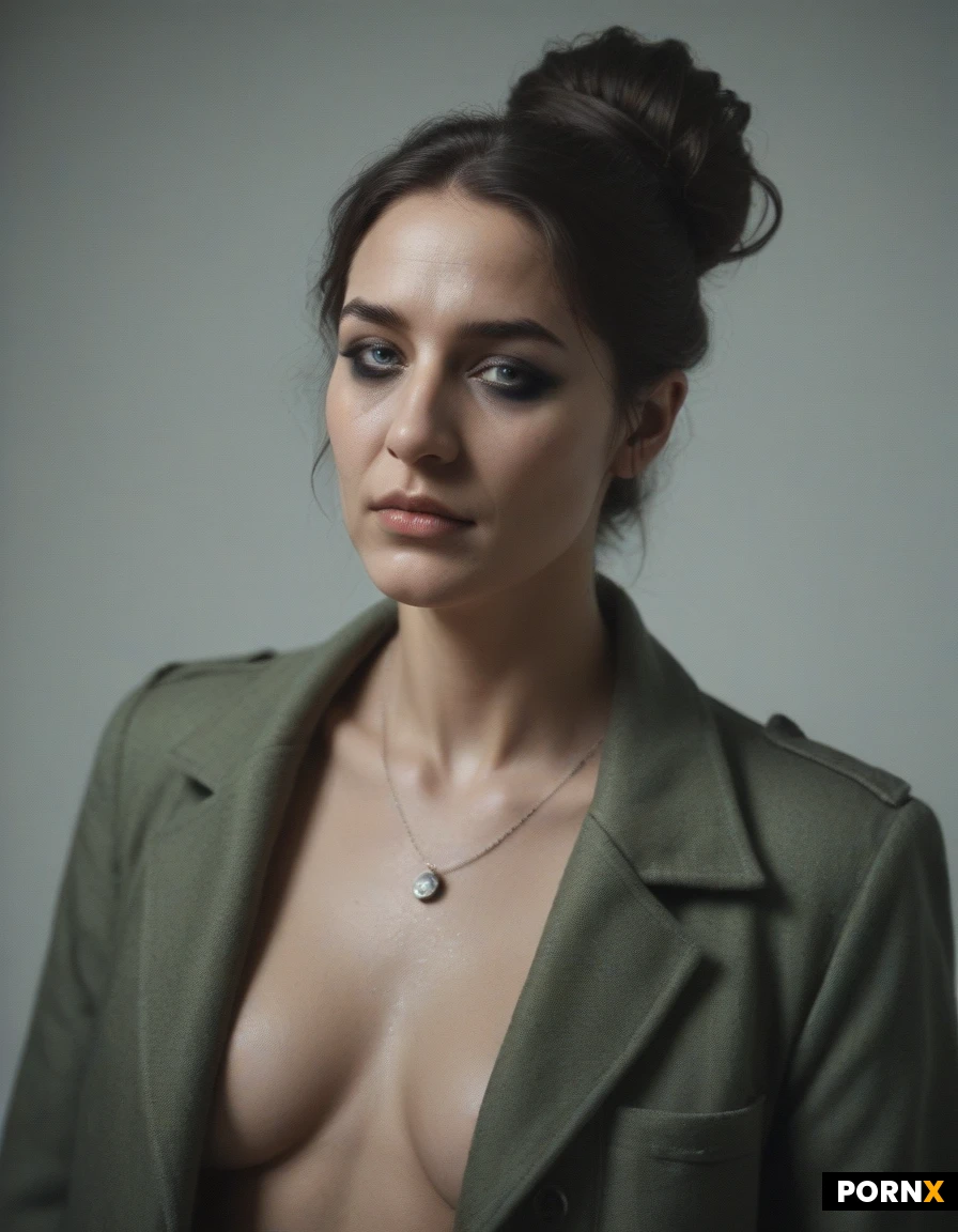 1girl, solo, Lena, pale blue eyes, dark hair, messy bun, silver ring, minimalist jewelry, realistic, detailed face, detailed eyesoversized olive green coat, (slouchy:1.2), relaxed pose, soft lighting, indoor setting, neutral background, natural skin texture, subtle makeup, perky breasts