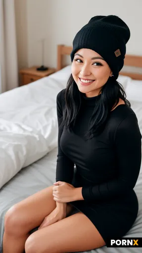 She is sitting fully-clothed on the bed