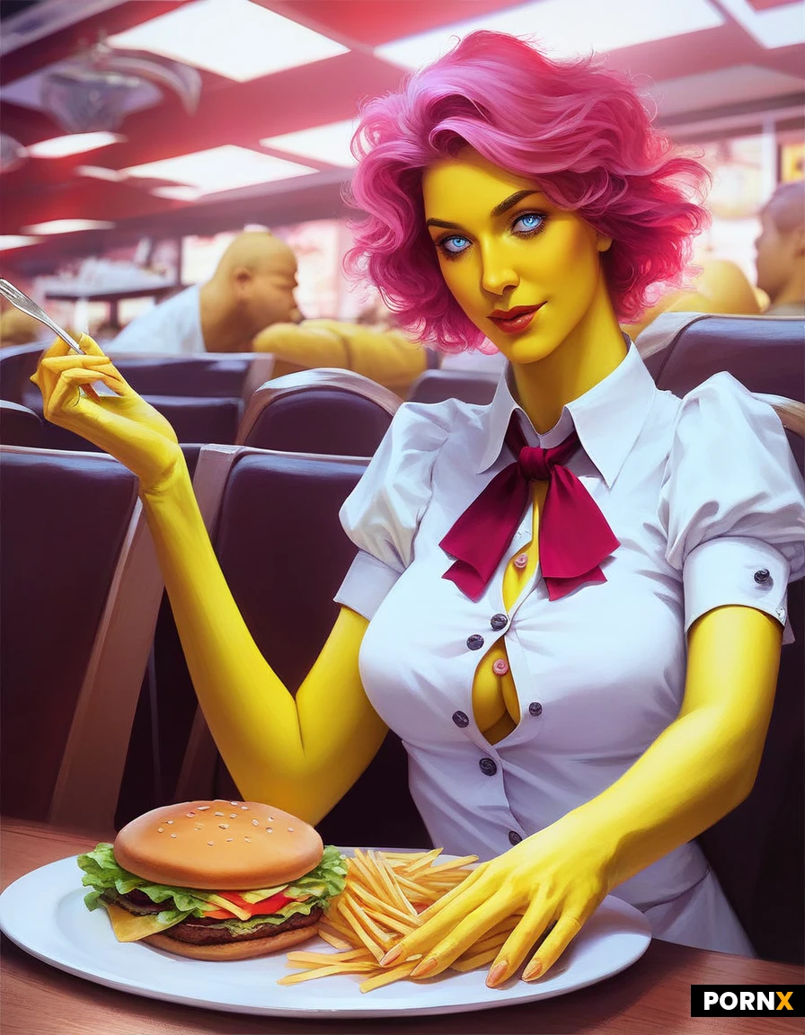high definition ,super realistic, pretty woman waitress, curved body, (yellow skin, pink short hair, light blue eyes :1.3), white collared shirt, (al buttons are closed, no vest outside of shirt :1.3), red tie with tie clamp, brown short pants with belt, she is servicing a plate of hamburgers and fries to the customes, background, hamburger restaurant, tables, chairs, pops and french fries on the table,,detailed face, detailed eyes,