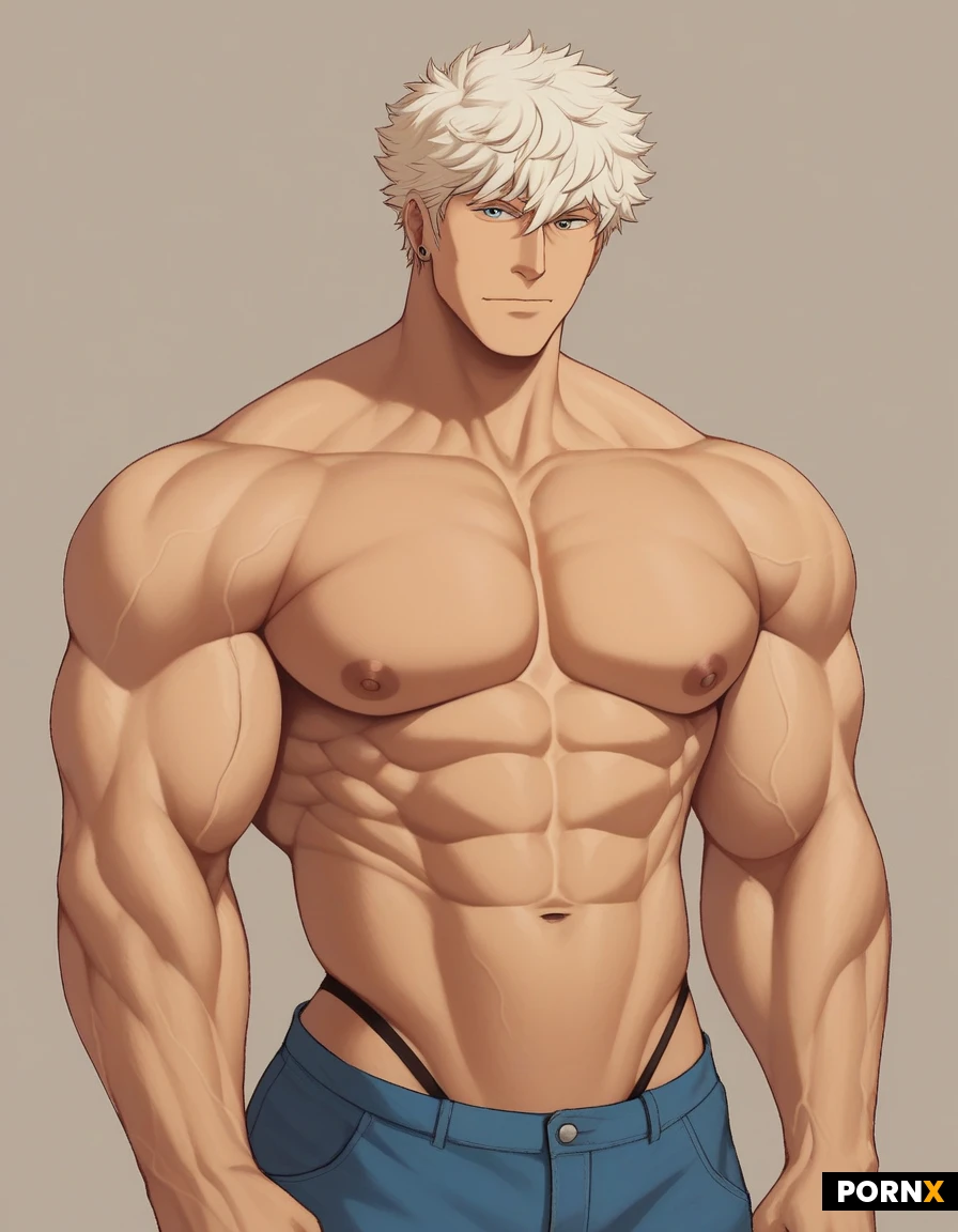 Anime individual. Crossdresser queer. Bulk muscle. Steroid bulk muscle. Thong. Topless. Thick bulging veins. (God body)