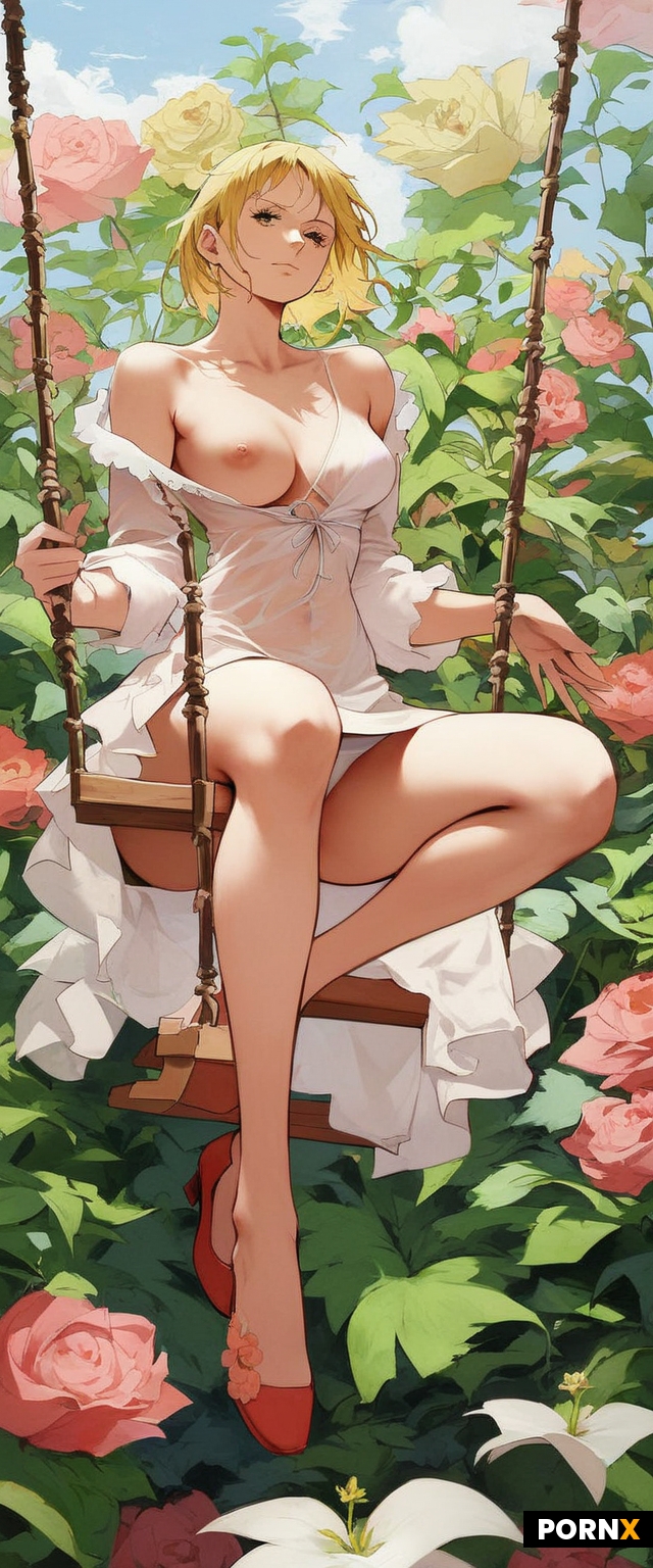 One piece anime style woman sitting on swing in a garden