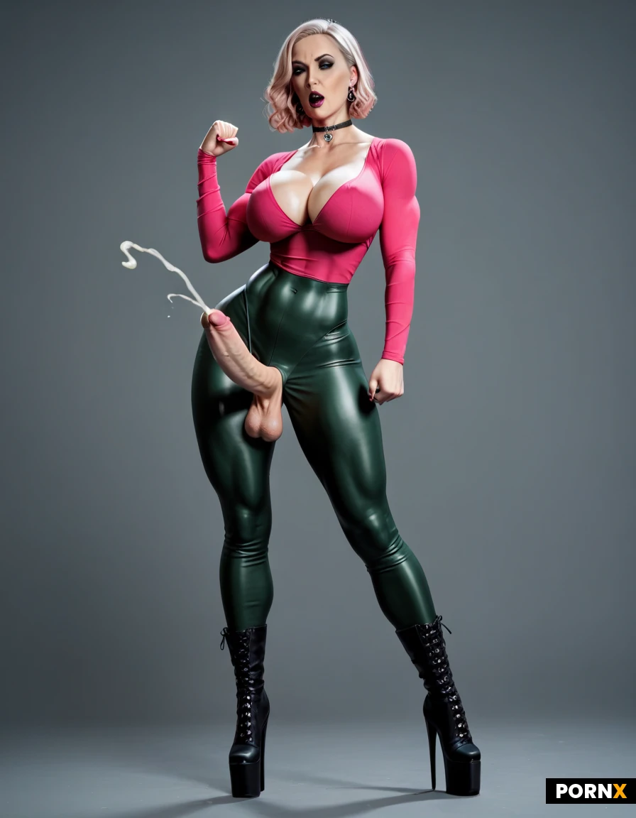 beautiful platinum blonde woman, long wavy hair, huge breasts, hourglass curvy body, fair skin, goth outfit, black lace, fishnets, choker, dark makeup, platform boots, Futanari,(goth:1.3),(pink hair),(milf),(large breasts:1.5),(cleavage),(pink shirt),(thin waist),(green pants),(big cock),(long cock),high heels,tight long sleeve,(skin tight clothes),(cumming:1.6),(orgasm:1.3),(dominant stance:1.5),(solo),(domineering),feminine arms,(straight hair),(bob cut),(thrusting hips forward:1.3),(slim:1.5),(fit:1.5),