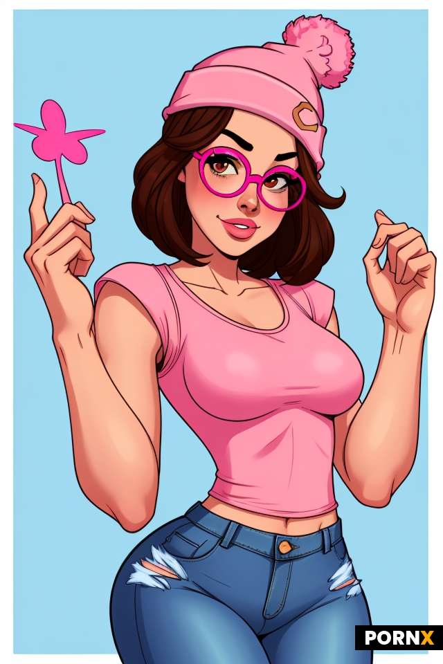 5’ short straight brown hair 18 pink beanie pink top blue jeans circle shaped glasses