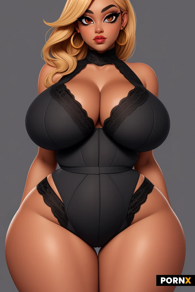 woman, short stature, dark skin, blonde hair, lots of makeup, thick black eyeliner, (thick lips:1.2), earrings, (thick thighs:1.2), (curvy:1.5), (thick:1.25), (voluptuous:1.25), (enormous breasts:1.35), tight, firm, perky, (wide hips:1.5), (narrow waist:1.35), large eyes, lipstick, lace, sexy pose
