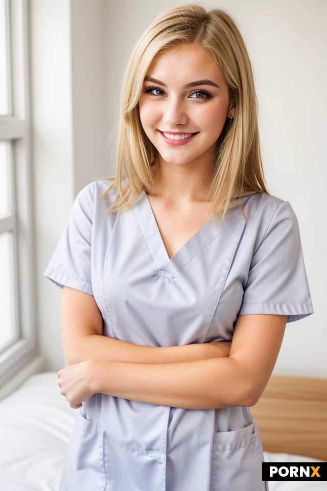 A skinny 20 year old nurse, happy face, makeup, blonde straight medium length hair. A nursing outfit. A nose ring. Skinny frame, small breasts.