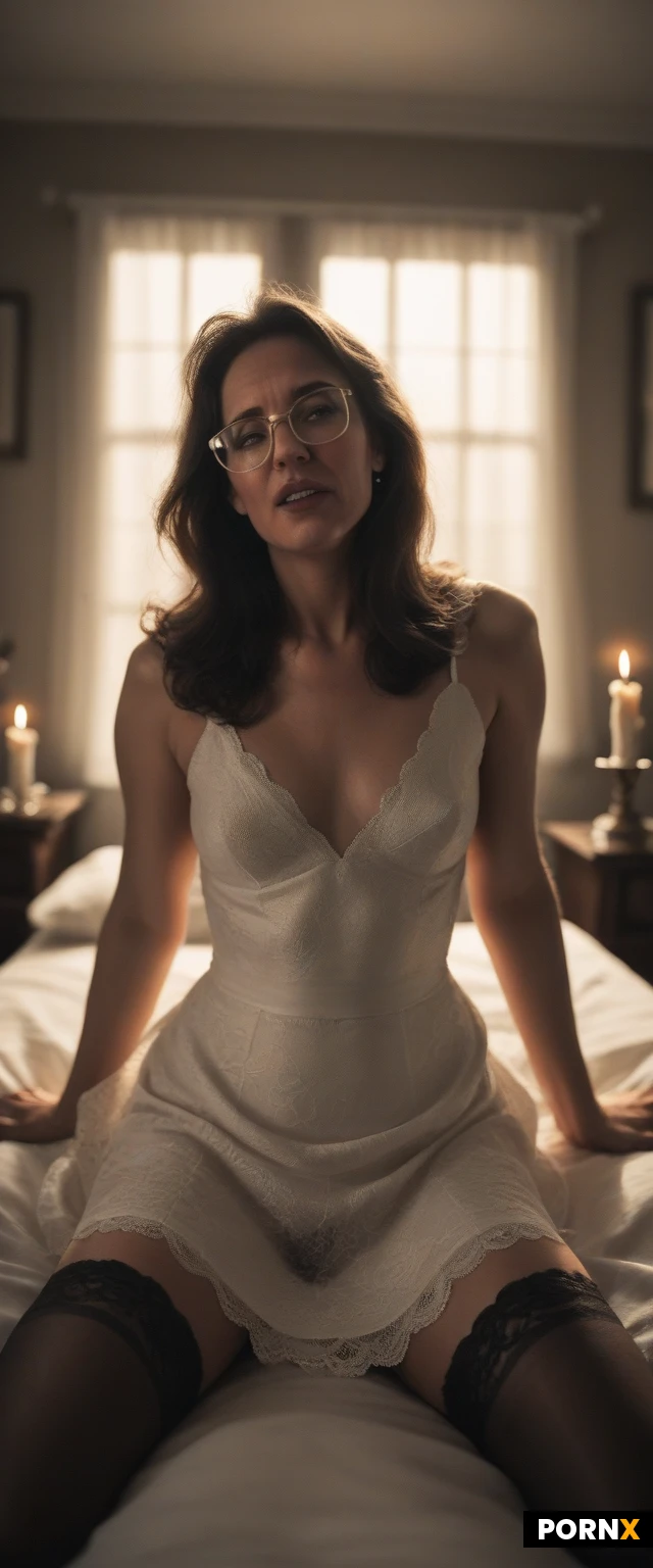 masterpiece, best quality, highres, absurdres, solo, mature, small_breasts, big_eyes, small_nose, beautiful_face, brunette, long_hair, glasses, candlelight, bedroom, pov, sex, cowgirl, riding, grinding, dress, stockings, pussy_juice, orgasm_face