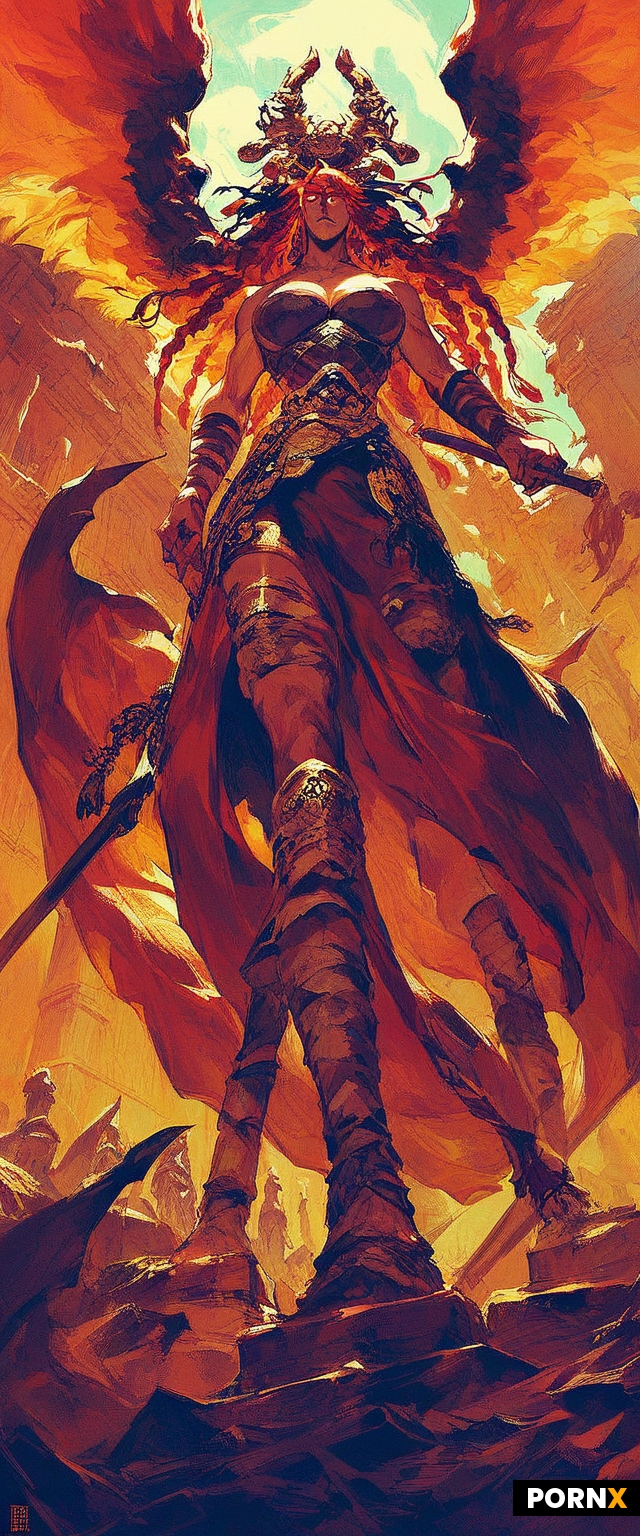 A warrior woman with fiery red hair styled in intricate buns and braids stands defiantly on an ancie