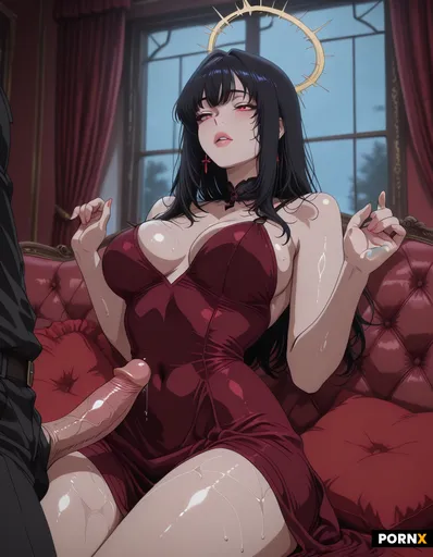 A sultry woman in her late twenties with glossy raven hair cascading over a bare shoulder
