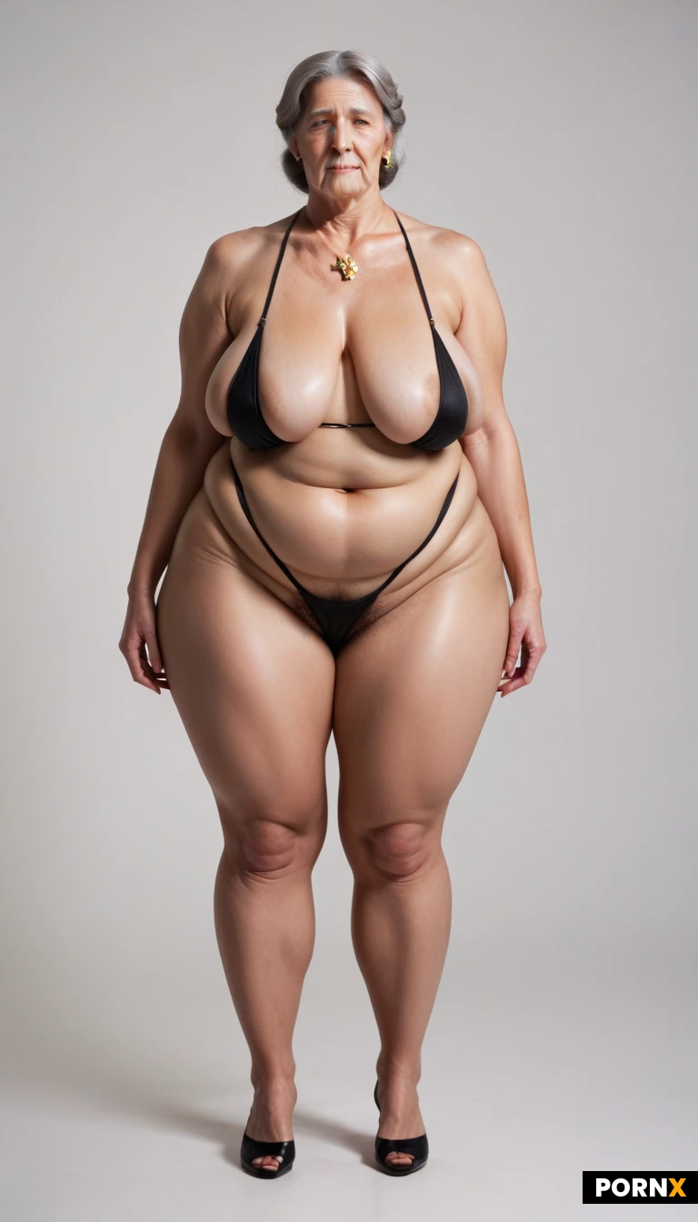 (((granny))),french,obese,sagging breasts,aged skin,skin laxity,,wide hips, gigantic, pubic hair, full figured, rounded, shoulder length gray hair, swimsuit, full body,realism,straight