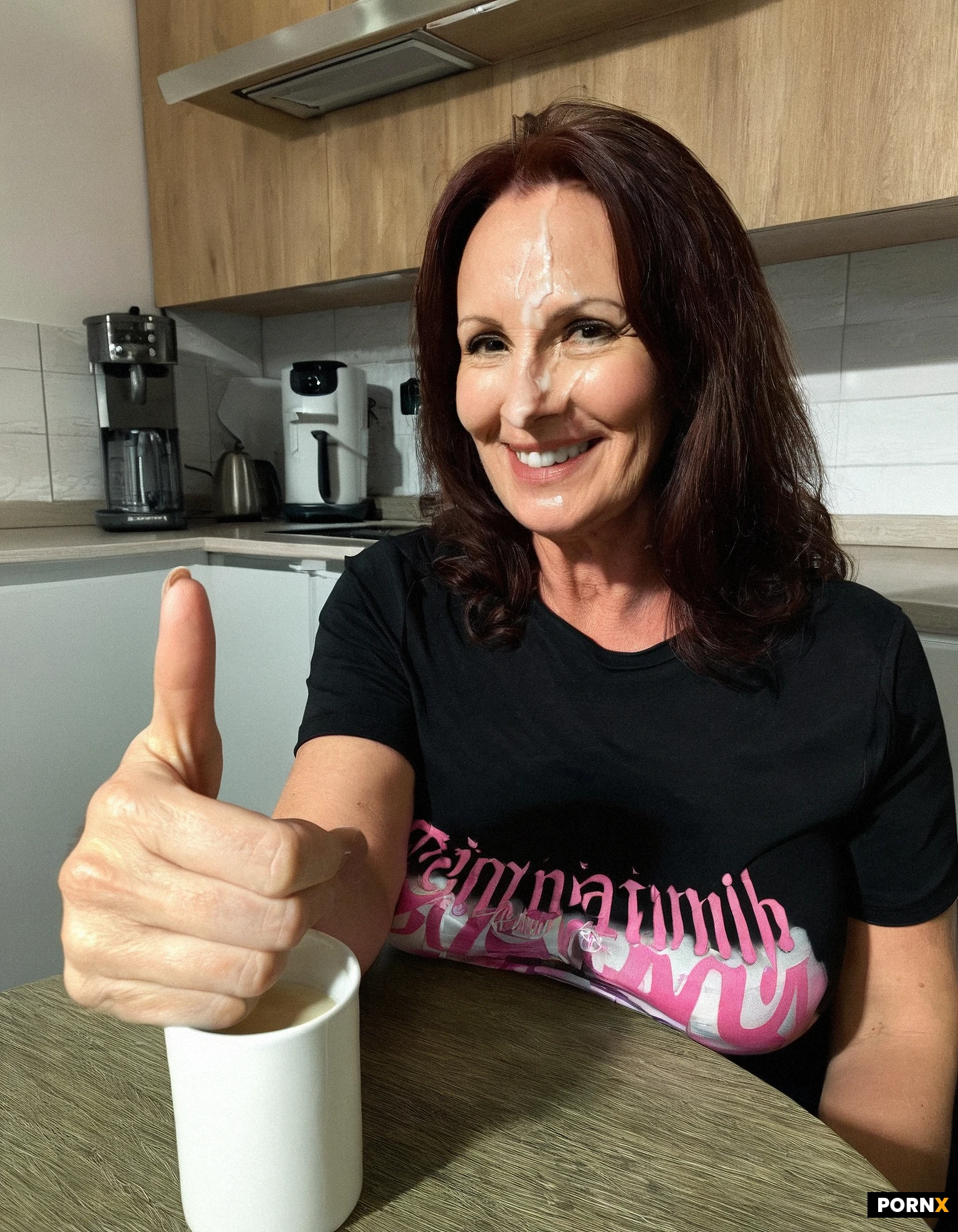 Mature, 50 years old, Udmurt and Russian, large breasts, shoulder‑length hair, wearing a T‑shirt, in the kitchen, sitting at the table, coffee on the table, lots of semen in her eyes, semen on her face, semen on her forehead, happy, giving a thumbs‑up, she liked it.