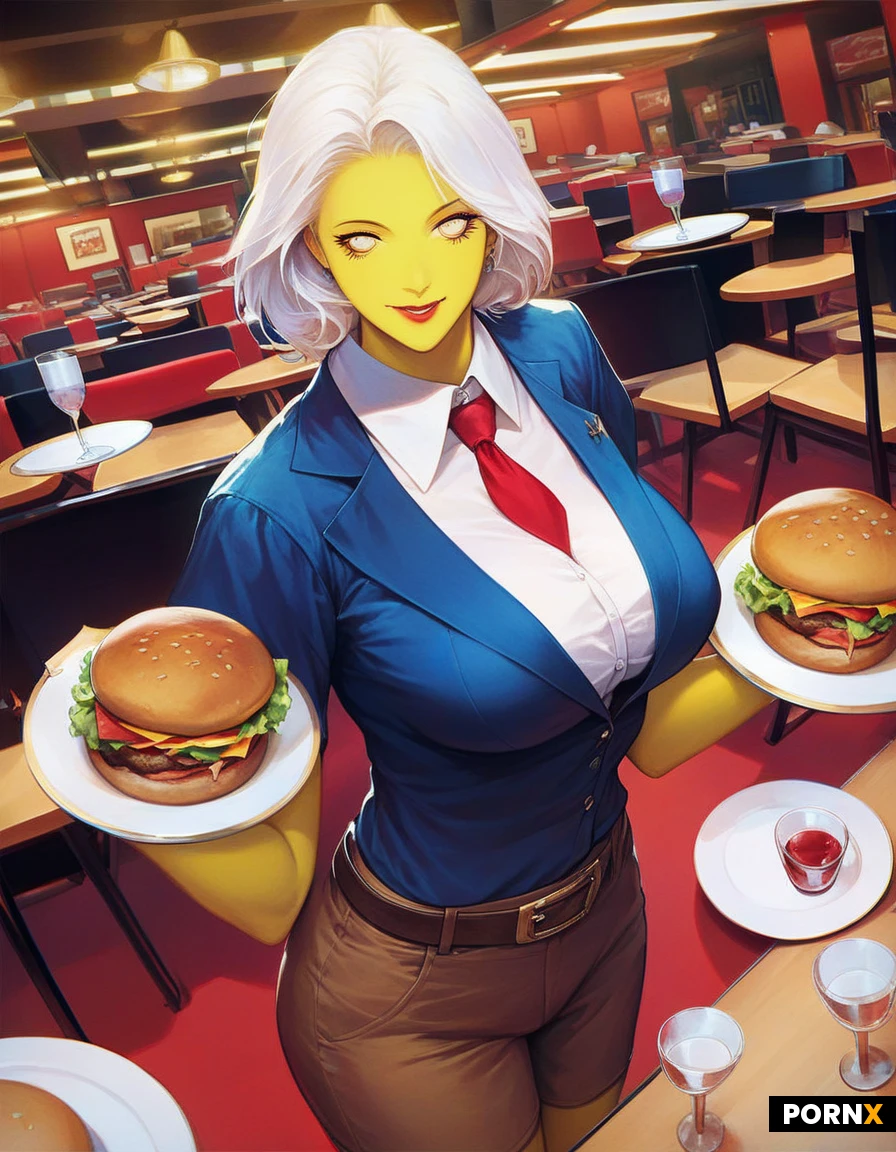 high definition pretty woman waitress, yellow skin, short white hair, blue eyeball, white collared shirt, red tie, brown short pants with belt, she is carrying a plate of hamburger to the table, background, hamburger restaurant, tables, chairs, detailed face, detailed eyes, dynamic angle