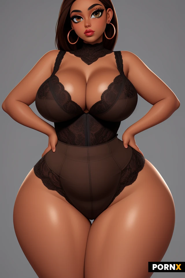 woman, dark skin, light brown hair, lots of makeup, thick black eyeliner, thick lips, plump lips, earrings, (thick thighs:1.2), (curvy:1.5), (thick:1.25), (voluptuous:1.25), (enormous breasts:1.35), tight, busty, firm, perky, (wide hips:1.5), (narrow waist:1.35), lipstick, bright eyes, lace, seductive