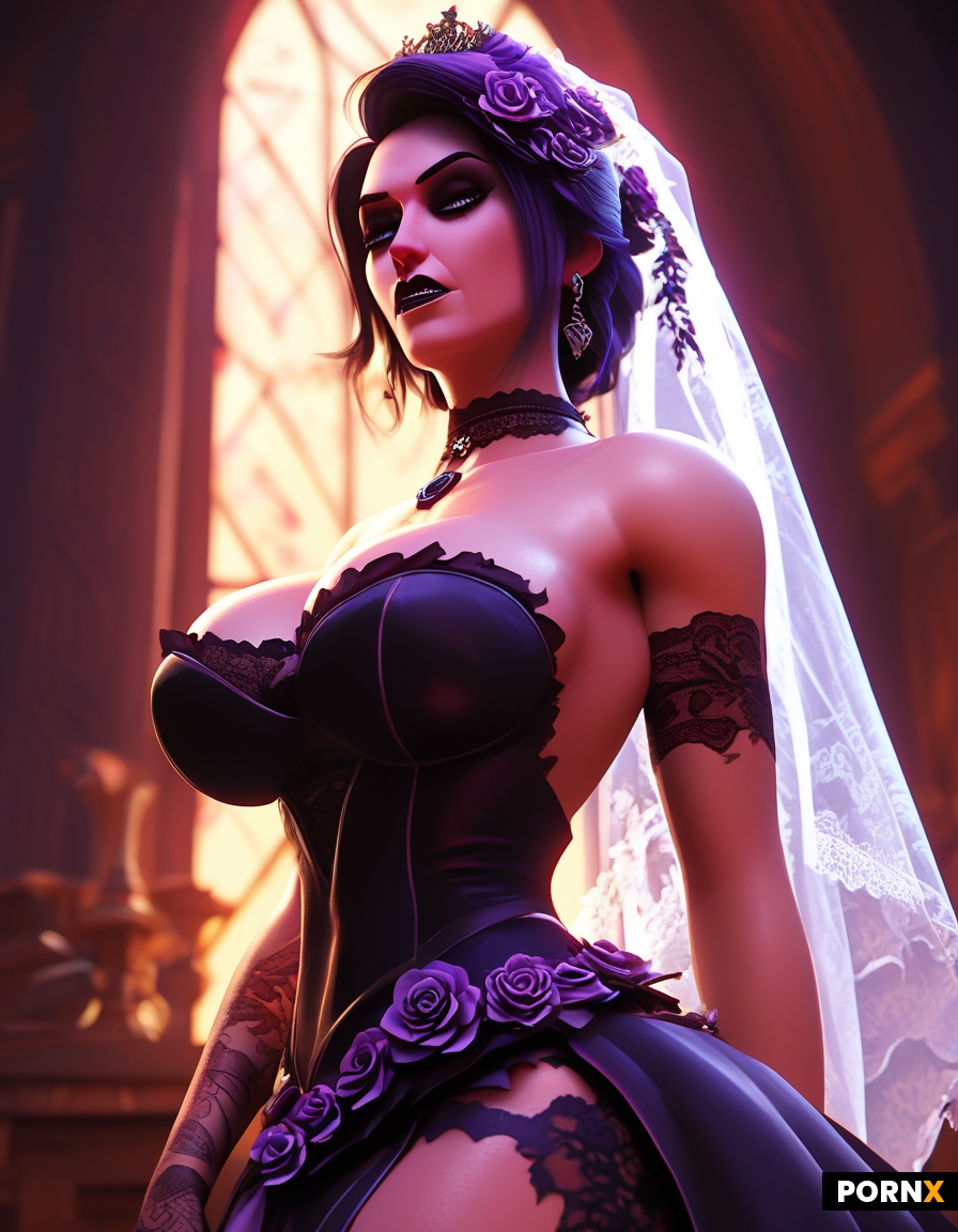 Busty goth in torn wedding dress