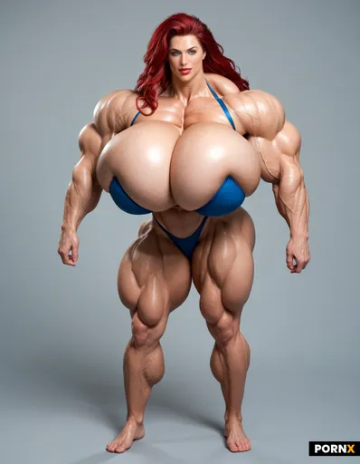 Full body image of a Super mega muscular female hyper bodybuilder model