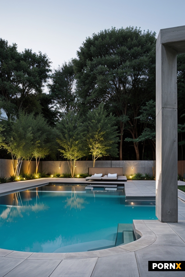 The background shows a modern outdoor area with smooth concrete and light reflecting off a pool