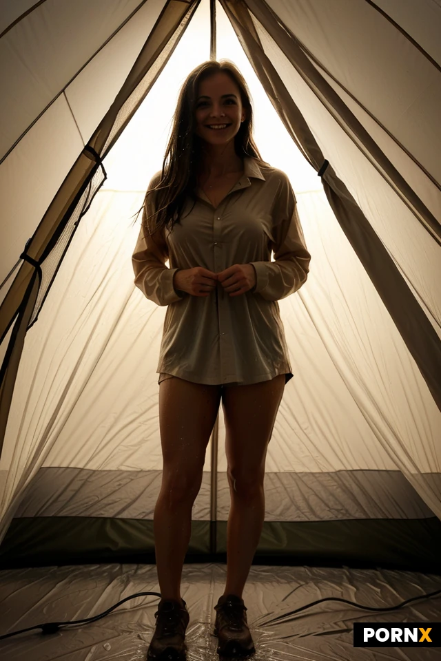 (low light image:1.7), View from inside a dry and cozy tent, ((full body view)), campsite in constant rain, muddy weather, 30 years old, muscular, extremely small sagging breasts under hiking shirt, flat chest, ultra realistic skin, smiling, stunning, sexy, hot, brown hair, (Long Layered Bob:1.2), totally wet hair, sitting inside the tent, wears a tan cotton hiking shirt that is soaking wet and sticks tight to her skin, showing her shape, a thunderstorm is approaching, (lightning strikes:1), it is dry and cozy inside the messy tent, (dry and cozy tent interior:1.2), focused body, small colorful LED lamps give warm light, perfectly lit woman, hvrn, heavy, rain, <lora:MJ52:.8>, ((see-through))