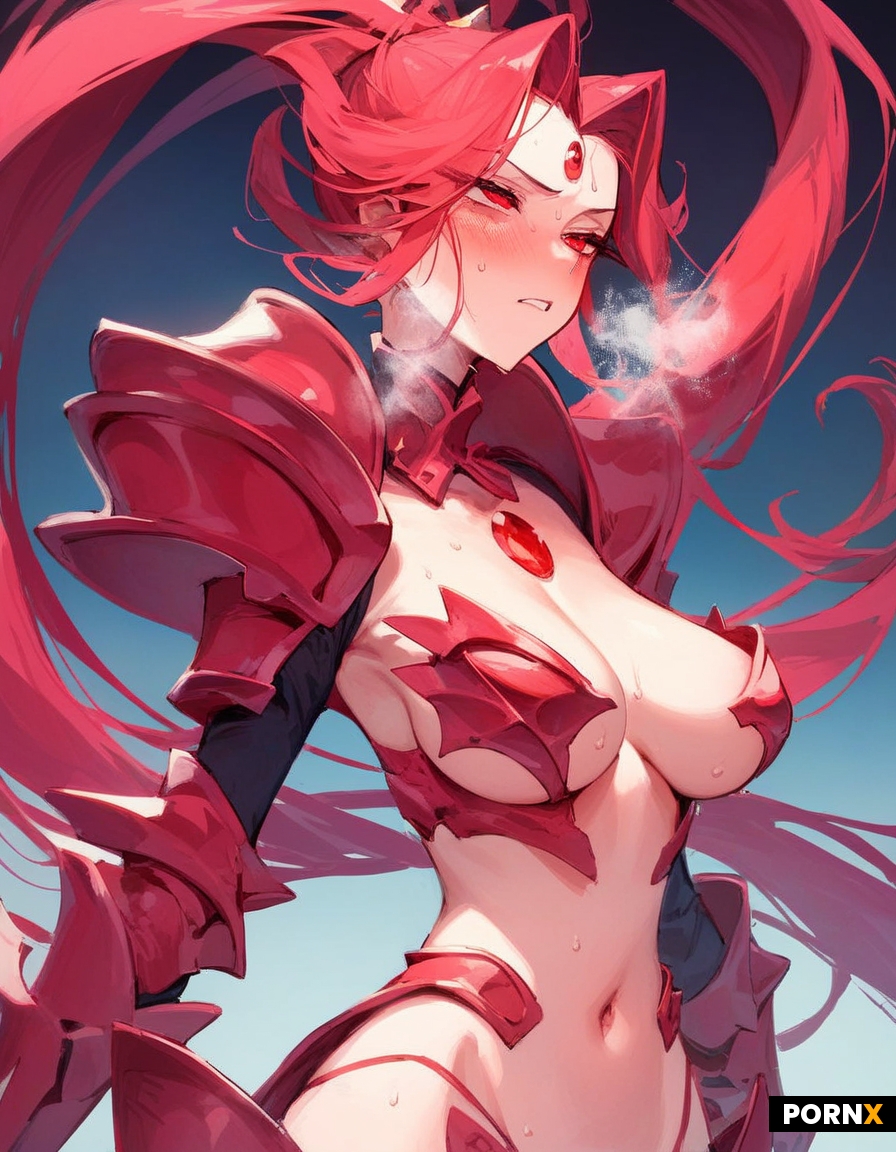 "Anime-style erotic scene of a very slim pale female with long crimson hair