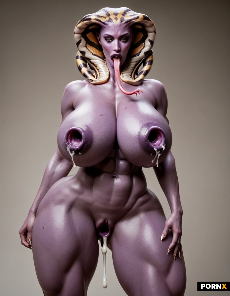 (Alien female:1.5), (tentacles hair:1.8),( purple skin:1.2), (snake skin texture:1.5), black tiger stripes, tail, muscle goddess, seductive pose, highly detailed body, thin waist, massive 12-pack abs, muscular thighs, muscle mass, massive round bimbo fake booty, wide hips, puffy hips, curvy body, NUDE, protruding long tongue, tongue length 30 cm, (wide open gaping nipples:2.0), (excessive cum dripping from gaping nipples:1.3)