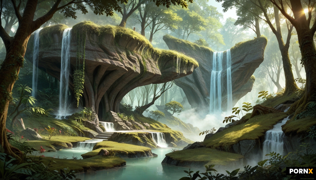 A serene alien spa nestled within a lush