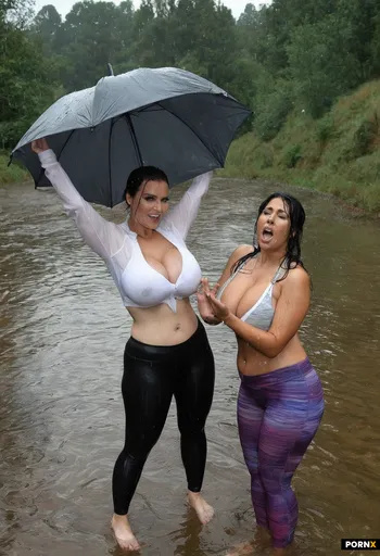 Two 20 years old women swimming with clothes on in the river