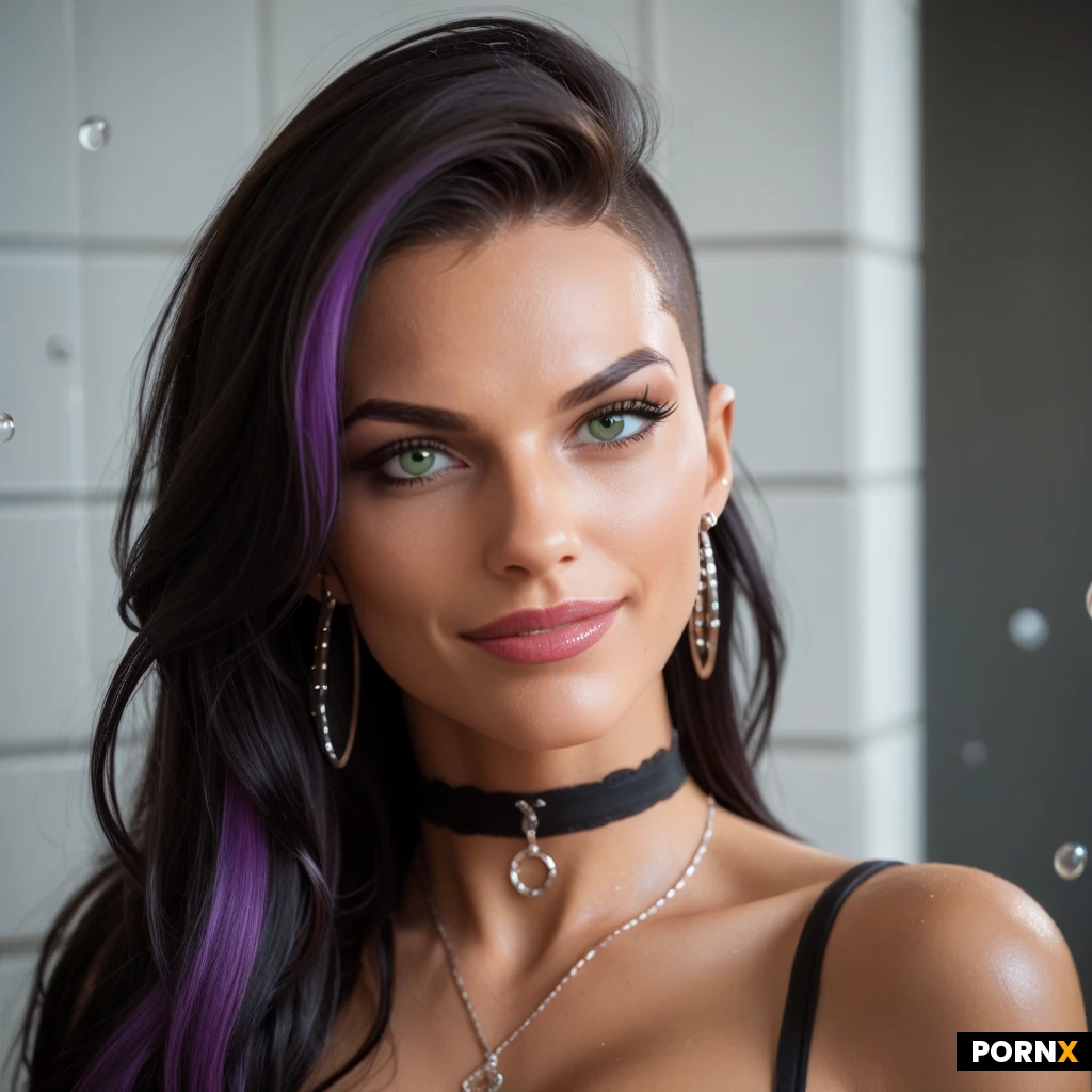 masterpiece, best quality, highres, absurdres, 1girl, solo, bimbo, prostitute, angular_face, wide_jaw, pointed_nose, long black hair, long purple highlights, pretty green eyes, mascara, eyeliner, tan_skin, smirk, seductive, choker, undercut, emerald_earrings, water_droplets, face_focus, full_color, high_contrast, dick near her face, dick poking her in her face