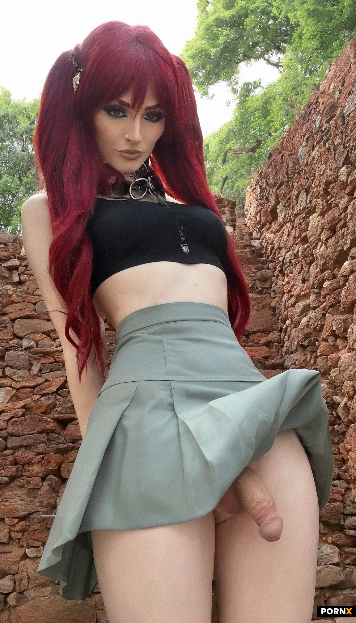 femboy, 20s, skinny, hairbangs,long*-hair, dynamic-angle, posing,l, red hair, standing over point of view, (small circumcised cock tenting out thin skirt:1.5), small cock hidden under a short skirt.