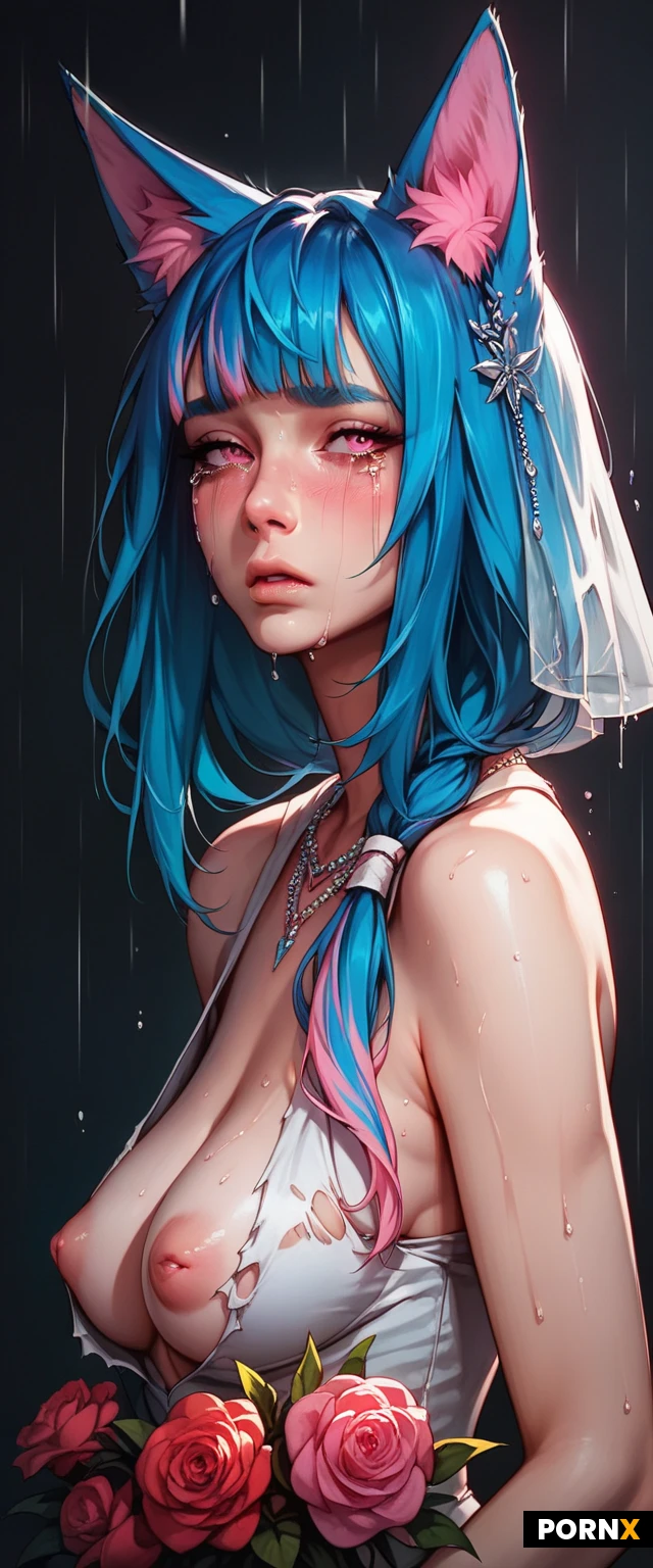 score_9,score_8_up,score_7_up,((german,(wide bob hair),long symmetric pink bangs,blue hair with darkgrey highlights)),pink eyes,((asymmetric fox ears:1.2)),((sleek fox tail)),short eyebrows,
blushing,horny,sweaty,highly detailed face,sad,crying,tears,highly detailed nipple,highly detailed skin,(eye contact:1.3),good view,sweaty,eyeliner,smeared mascara,alone,
meticulously created,perfect masterpiece,big eyes,highly detailed eye,highly detailed round pupil,black background,twitching,highly detailed hair,incredibly detailed,realistic texture,photorealism,cinematic,((torn mesh)),ripped,malfunction,((heavy rain:1.3)),athletic,seethrough mesh,(torn wedding dress),puffy nipple,(wedding veil),close up face,upper body,jewelry,flowers,braided hair,holding bouquet,from side,((low ponytail)),((long twintails)),asymmetric inverted nipples