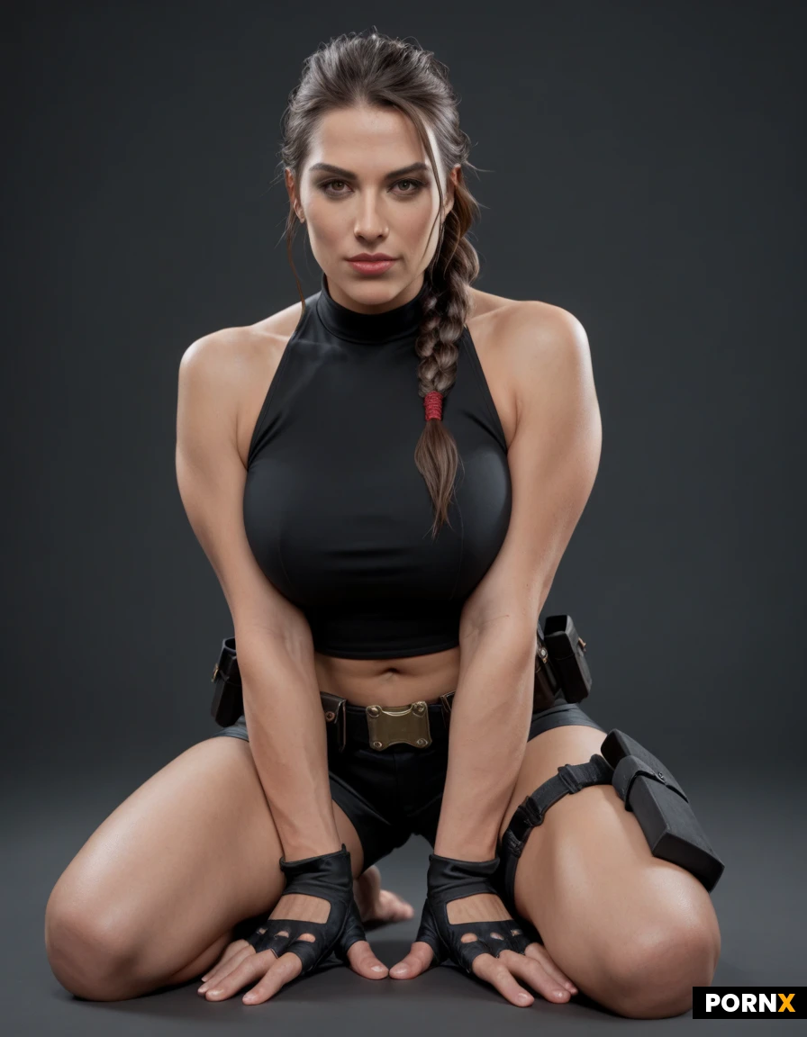 A confident female adventurer with an hot body, light skin, long dark brown braided hair, sharp cheekbones, and intense brown eyes. Natural big Breasts, She wears a fitted black sleeveless top, black shorts, a wide utility belt with a large antique bronze buckle, dual thigh holsters, fingerless gloves, kneels, Cumshot, huge cumload over face, black guy with a big black dick, thick veins, biggst dick in the world, a clean black studio background, realistic anatomy, dramatic shadows, cinematic lighting, highly detailed textures, photorealistic, AAA action-adventure character design, ultra-detailed, 8k, masterpiece.