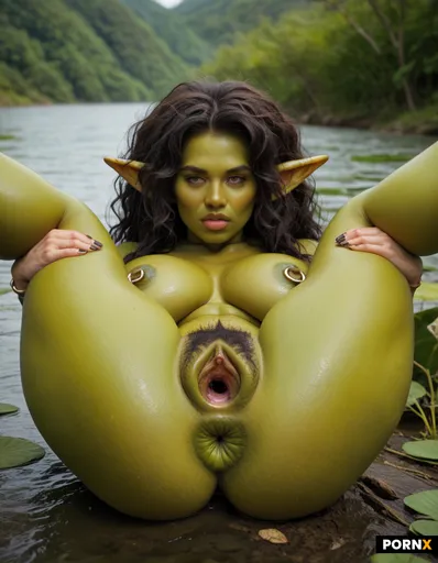 Nude green skin goblin native very small shortstack woman with insanely huge and heavy tits